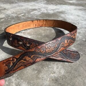 Vintage Tooled Brown Leather Top Grain Cow Hide Frontier Series Belt 34 USA